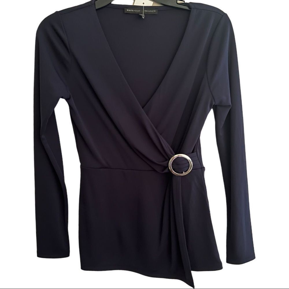 White House | Black Market Sz XXS Faux Wrap Top Black NWT🏷